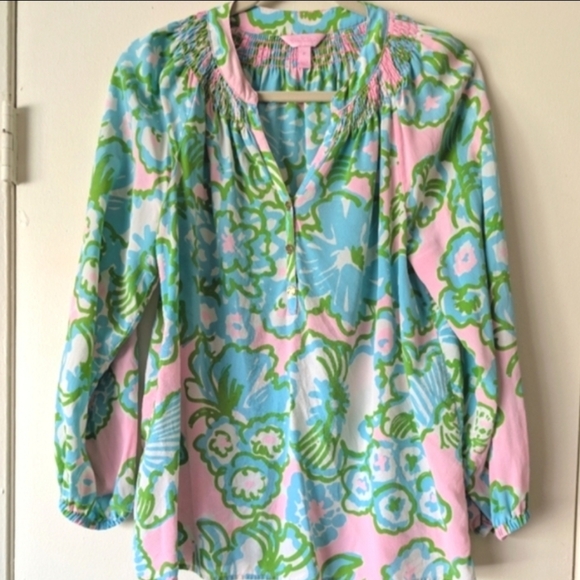 Lilly Pulitzer Silk Green Floral Pink Top Medium - Picture 3 of 9